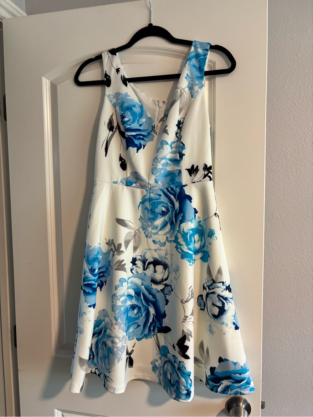 White House Black Market White Dress with Blue Floral Print
